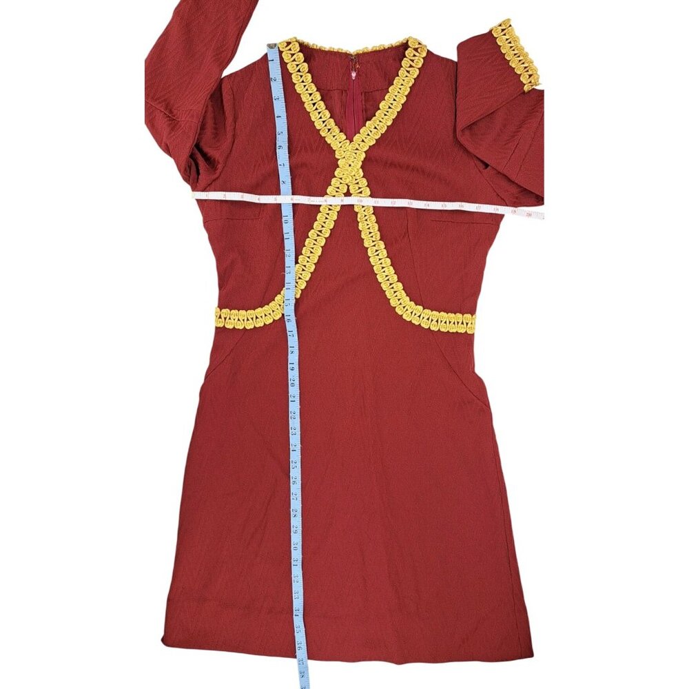 Vintage Handmade Maroon Dress Gold Gimp Trim Long Sleeve Chevron Texture Zip 70s - Picture 16 of 16